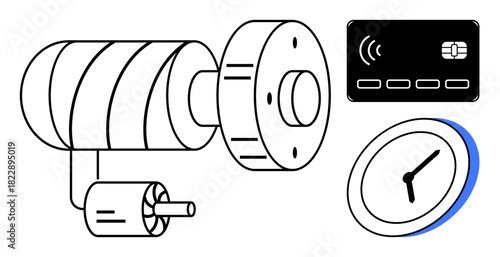 Electric motor component, clock, and contactless payment card. Ideal for engineering, innovation, timekeeping, energy, finance automation technology. Clean flat metaphor