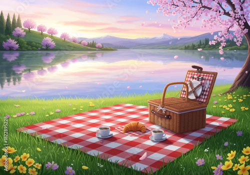 Spring Picnic Vector Landscape – Lakeside Sunset Scene With Checkered Blanket, Picnic Basket, Coffee Cups And Cherry Blossom Petals For Poster Background Design