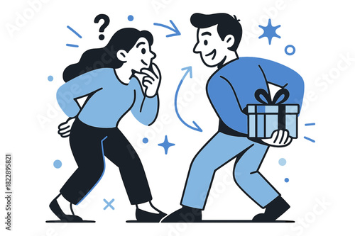 Gift Exchange Suspense. Gift guessing. Two people exchanging glances, one hiding a gift behind their back.