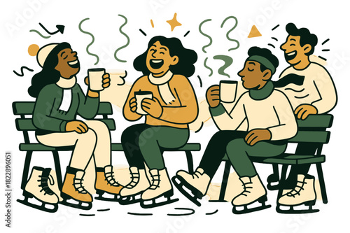 Warm Skater Break. Hot cocoa break. Skaters resting on benches, sipping warm drinks, surrounded by skates and
