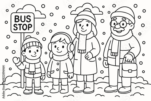Winter Bus Stop. Winter bus stop children?s coloring book illustration, outlined drawing, people waiting for a