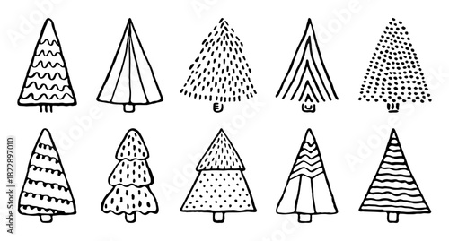Black line Christmas trees, hand drawn vector doodle set. Winter monochrome outline and dotted signs, various types of fir, spruce, pine with abstract patterns, decorative coniferous trees