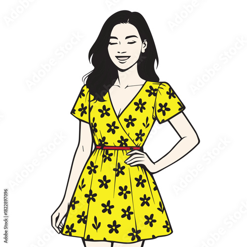 Vector illustration depicting a stylish woman confidently wearing a vibrant yellow mini dress, showcasing a playful and fashionable aesthetic with a touch of summery charm.