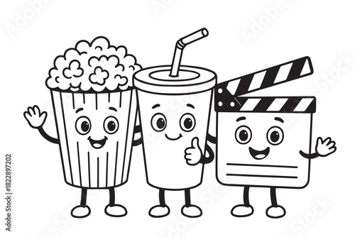 Vector cartoon concept depicting a fun cinema scene in black and white: featuring a cheerful popcorn character, a bubbly soft drink cartoon, and a classic clapperboard.