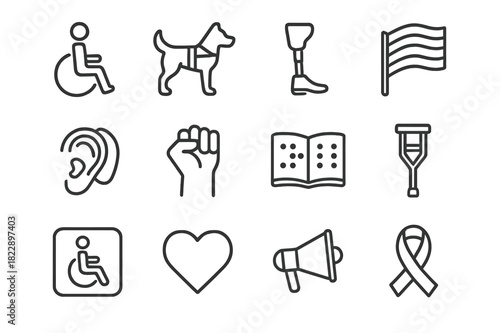 Disability Awareness Icons. Disability awareness icons. Line outline icon set of disability awareness icons: