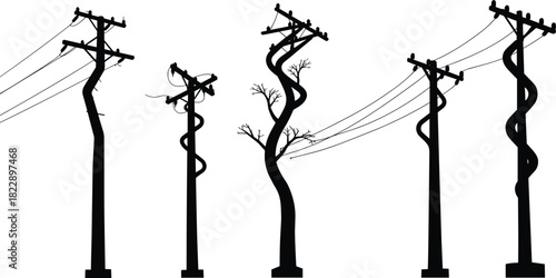 Electric poles twisted with tree trunks, surreal nature and technology fusion, power lines illustration, environmental concept art, energy connection silhouette