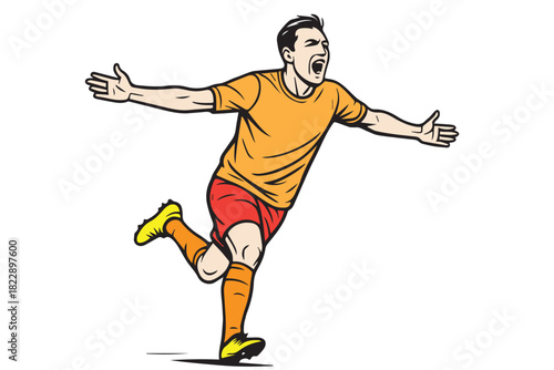 Vector illustration showcasing a jubilant soccer player celebrating a goal, dynamically running towards the sidelines in a moment of pure elation and sporting triumph.