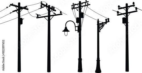 Electric power poles and street lights silhouette with transformers and wires, urban electricity infrastructure, high voltage energy distribution illustration.