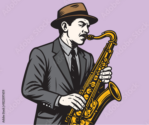Vector artwork showcasing a refined man engrossed in playing the saxophone, complemented by a chic brown fedora and a tailored black suit, embodying timeless style.
