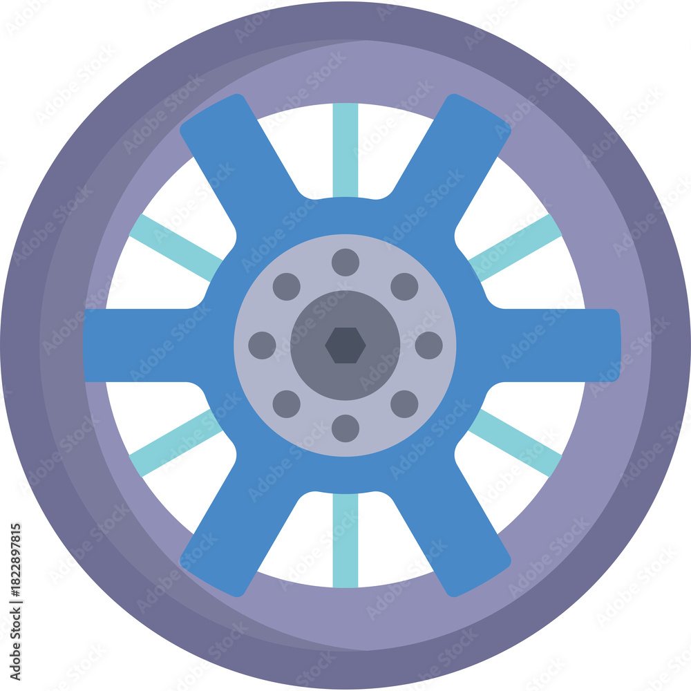 Fototapeta premium Flat Design Circular Object With Spokes And Hub In Blue And Purple Tones Isolated On White Background Representing A Wheel Or Fan Structure