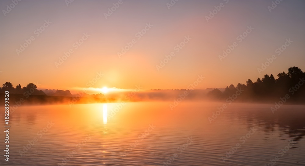 Naklejka premium Beautiful orange and red sunlight reflects a serene lake and river landscape at peaceful sunrise and sunset, highlighting the dramatic cloud-filled sky and calm water