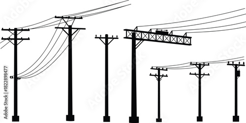Electric power poles and transmission lines silhouette, high voltage electricity infrastructure, industrial energy distribution system, urban electric network illustration design.
