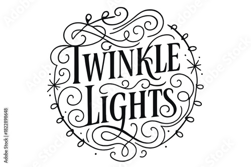 Elegant Flourish Letters. Twinkle Lights ? Flourish Lettering with elegant curls and swashes around tall serif