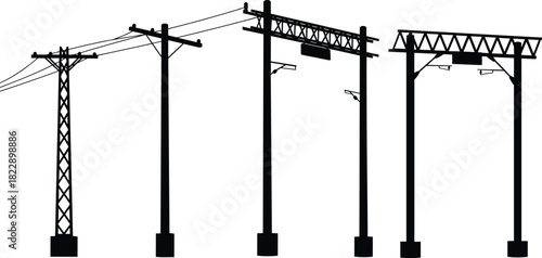 Electric power poles and transmission towers silhouette with cables and infrastructure, high voltage energy distribution system design, industrial utility illustration.