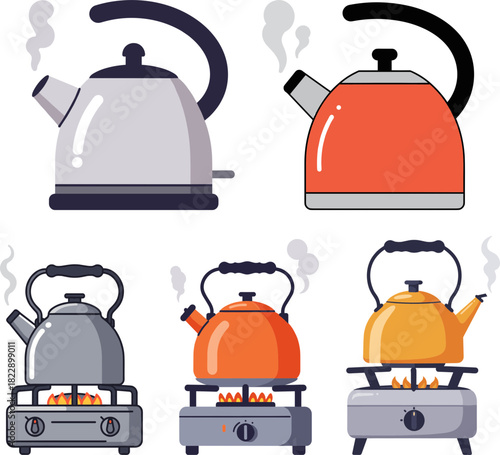 Four colorful kettles boiling water on a gas stove in a modern kitchen, smoky steam rising, including vibrant orange, silver, gray, and red kettles on a plain background.