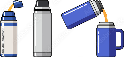 Thermal flask pouring hot beverage into blue mug on a transparent background, showcasing action of serving drink indoors with modern design and vibrant colors.
