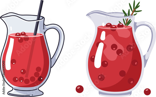 Two pitchers of red cranberry juice with strawberries and herbs isolated on transparent background displaying refreshing beverages for summer or festive celebrations