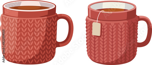 Red knitted mugs with tea, one with a tea bag, on a transparent background, evoking warmth and coziness, perfect for comfort and relaxation during winter or rainy afternoons
