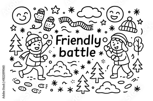 Friendly Snowball Fight. Friendly battle. Hand-drawn doodle illustration of friendly battle. Kids throwing