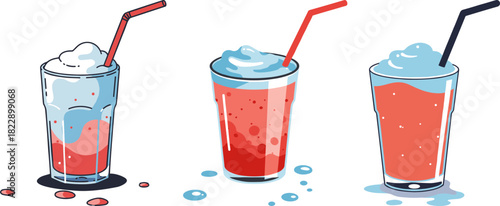 Three colorful drinks with foam and straws on a transparent background, refreshing beverages in glasses showcasing vibrant colors and textures with a playful presentation.