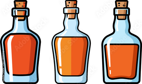 Three glass bottles with cork stoppers containing orange liquid on a transparent background with bold outlines and vibrant colors, suitable for graphic design or beverage related themes.