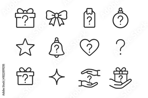 Mystery Gift Icons. Mystery Present. Line outline icon set of Mystery Present: wrapped gift, bow, ribbon, tag,