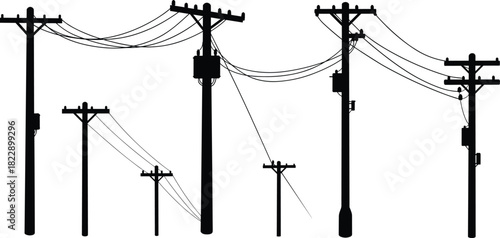 Electric power poles and utility lines silhouette with transformers, high voltage electricity distribution network, rural energy infrastructure illustration design concept.