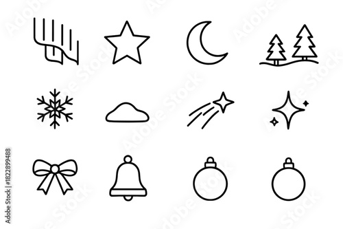 Aurora Winter Icons. Aurora Winter Night. Line outline icon set of Aurora Winter Night: northern lights, stars