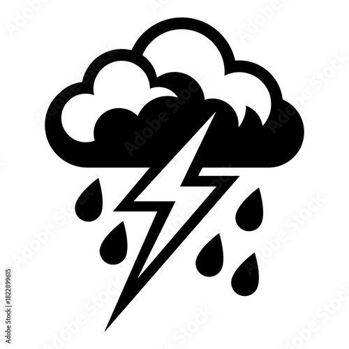 Bold storm cloud icon with lightning bolt and raindrops — dramatic weather symbol illustration for alerts, climate graphics, apps, signs and forecasts
