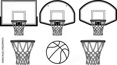 Basketball hoops backboards and net set with detailed vector line art design including ball elements for sports illustrations and CAD drawing graphics