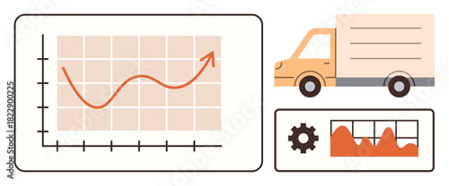 Rising graph, delivery truck, and gear with chart demonstrate logistics growth, optimization, and performance monitoring. Ideal for business, analysis, logistics, transportation progress data