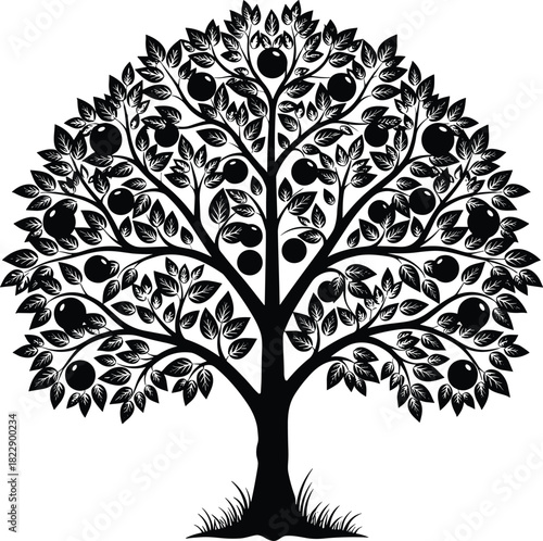 Black silhouette of fruit tree with leaves, apple orchard plant, nature symbol, garden growth, organic food, botanical element, detailed flat vector illustration