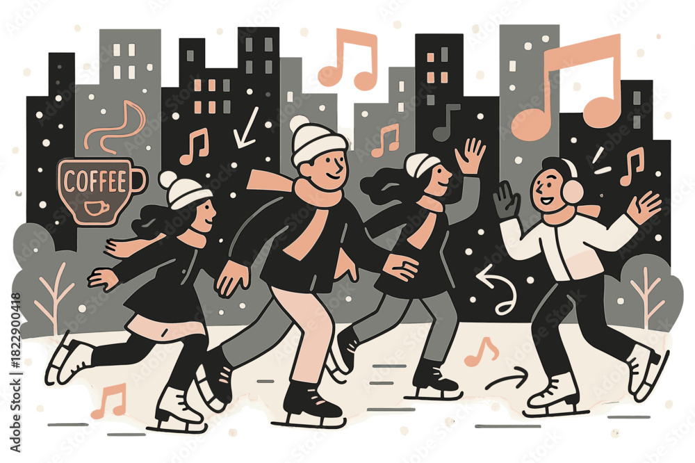 Obraz premium Urban Skating Scene. City rink. People skate among tall buildings as snow gently falls. Neon signs and coffee