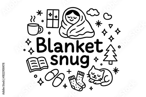 Cozy Blanket Doodle. Blanket snug. Hand-drawn doodle illustration of blanket snug. Person wrapped in blanket,