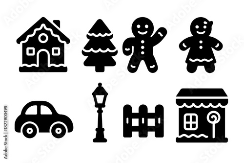 Gingerbread Village Icons. Gingerbread village. Filled icon set of gingerbread village: gingerbread house,