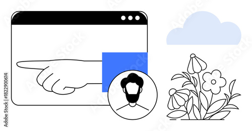 Hand pointing inside a browser window, user avatar below, flowers, and a cloud. Ideal for technology, user interface, communication, guidance, personalization creativity environmental themes