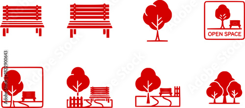 vector set of Park Icon Set. garden park minimalist with chair and tree, Open space black glyph icon. Public park with bench to sit. forest and bench vector icons
