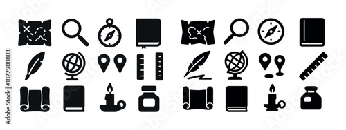 Collection of navigation and writing icons featuring compass, map, quill, and more