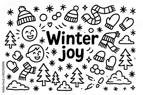 Winter Joy Doodle. Winter joy. Hand-drawn doodle illustration of winter joy. Snowflakes, snowballs, hats,