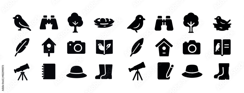 Naklejka premium Silhouette birdwatching icons: camera, binoculars, trees, birdhouses, nature exploration set