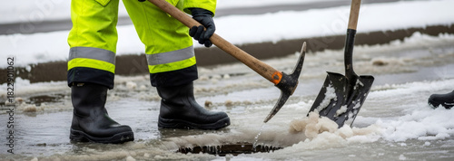 Man clearing drainage system from ice and meltwater for road safety during winter thaw. Public works utility staff maintaining infrastructure. Banner with copy space