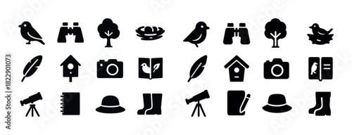 Silhouette birdwatching icons: camera, binoculars, trees, birdhouses, nature exploration set