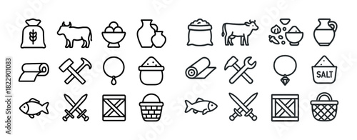 Farming and trade icons: agriculture, tools, crops, livestock, pottery