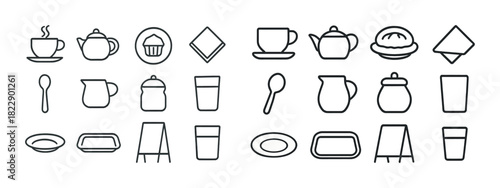 Set of outline icons for kitchenware and tableware items including cups and plates