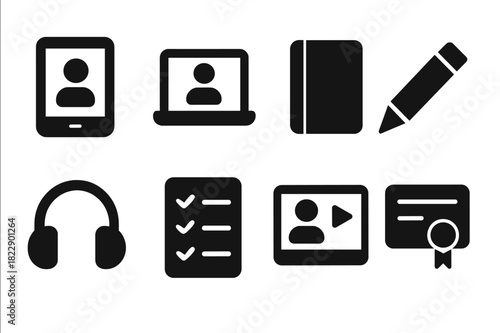 Student Learning Icons. Student Learning. Filled icon set of Student Learning: tablet, laptop, notebook,