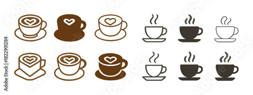 Set of coffee cup icons with heart and steam designs in brown and black