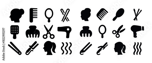 Silhouette icons of hair styling tools and female hairstyles