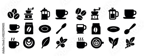 Coffee icon set: beans, cups, grinders, french press, leaves