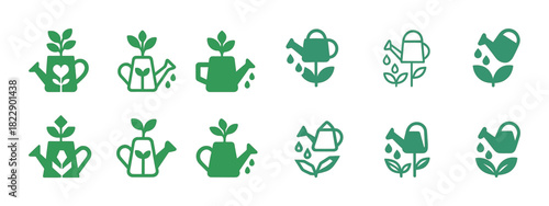 Green watering can icons with growing plants and leaves