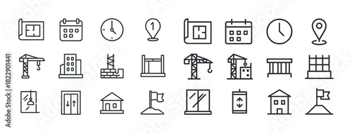 Set of construction and architecture line icons including clock and calendar